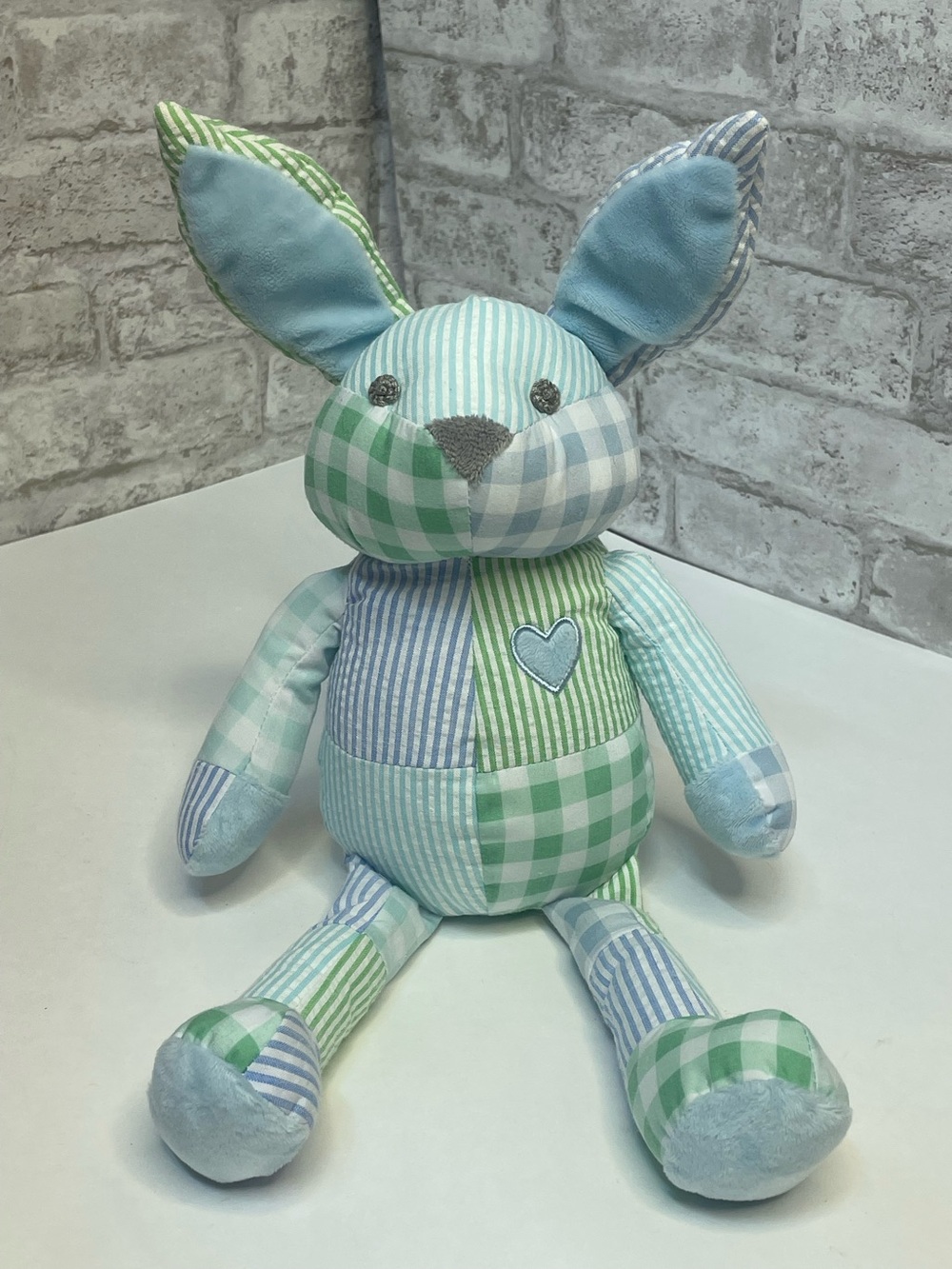 Pottery Barn Kids Patchwork Bunny Rabbit Plush Blue Green Plaid Seersucker 16"
